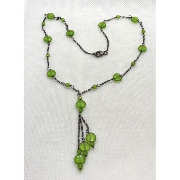 Vintage Green Glass Beaded Pendant 18'' Necklace Sterling 925 Silver 8g Patina - Picture 1 of 7